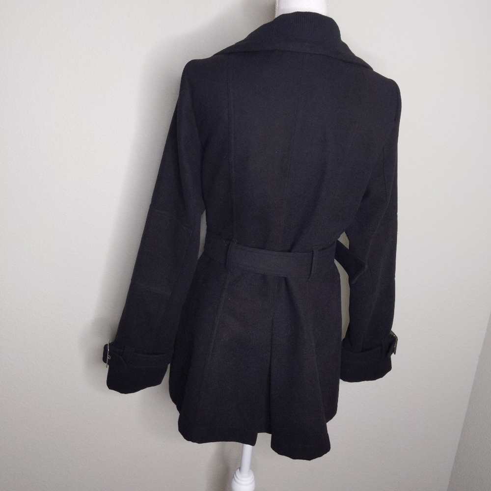 G by Guess Black Peacoat Women’s Large | Oversized Collar Belted Wool Blend Coat - Picture 3 of 10